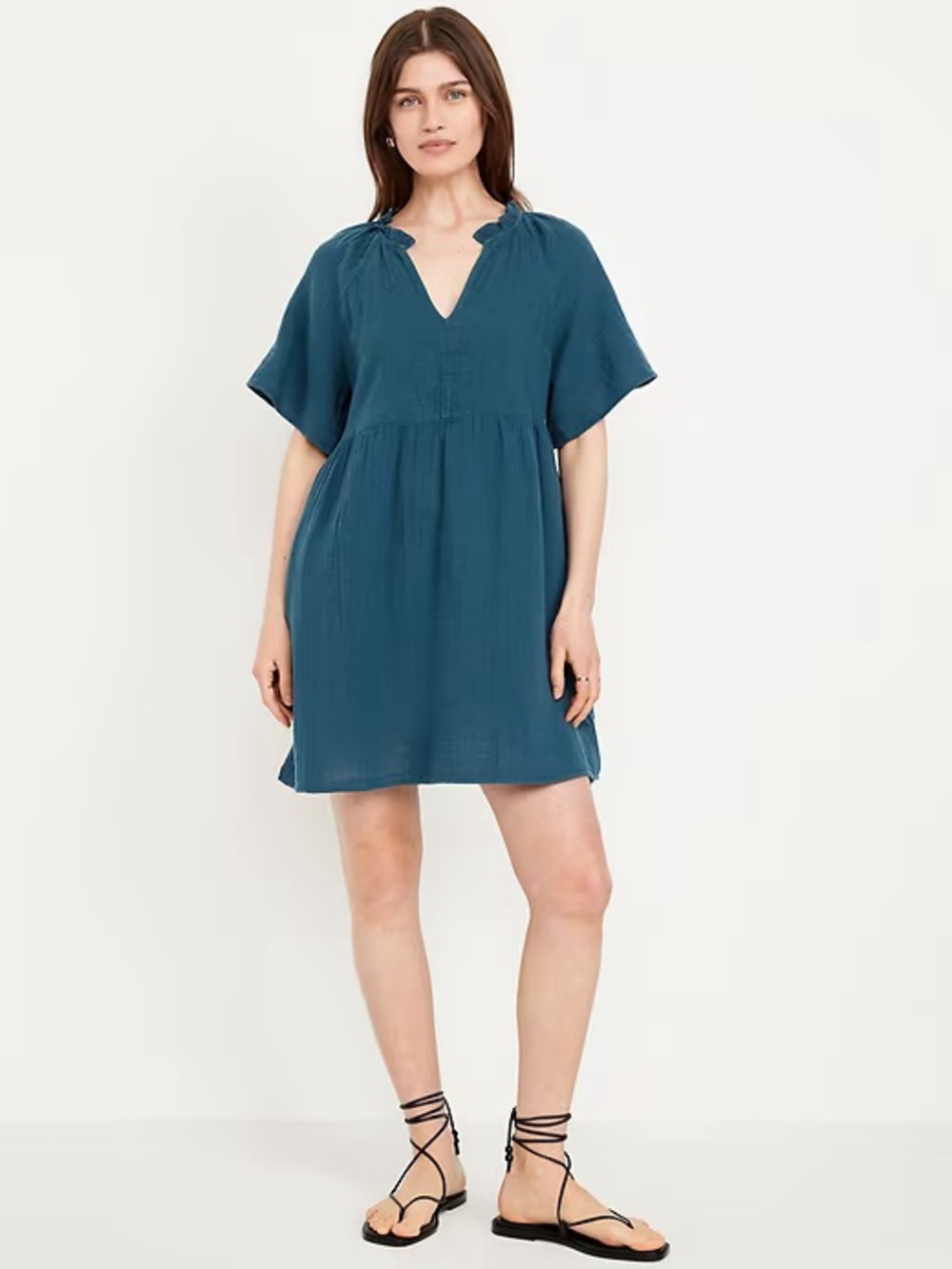 Turquoise Split-Neck Gauze Mini Swing Dress